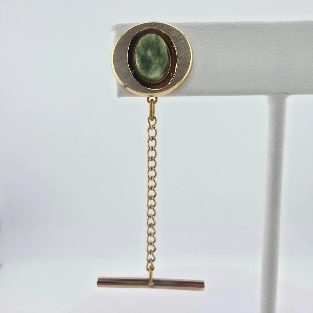 Vintage Jadeite Tie Tack Pin Jade Semi-Precious Gemstone Silver & Gold Tone